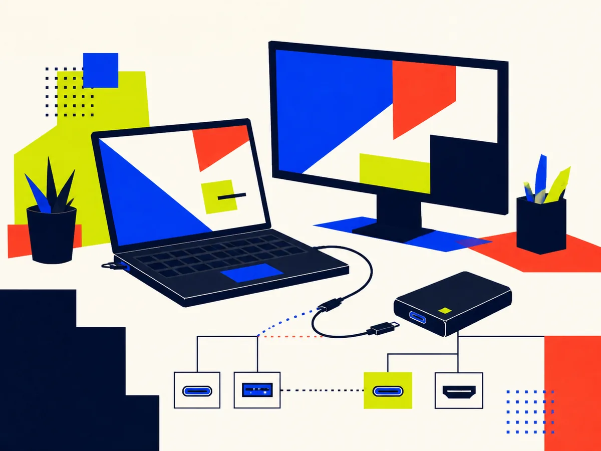 Ilustración editorial de un portátil, un router y accesorios conectados